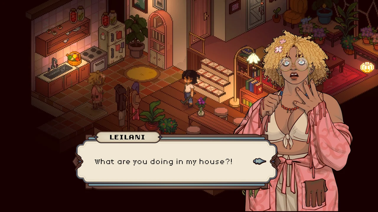 Leilani speaking to the player inside her home in Grave Seasons